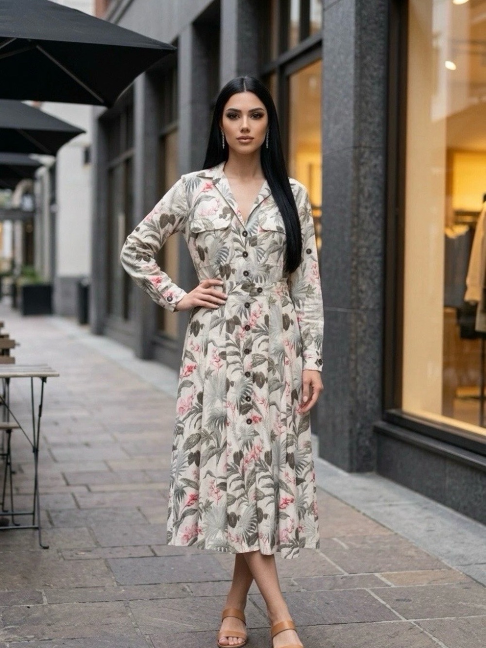 Massimo Dutti Cream Midi Dress with Pink and Green Floral Print